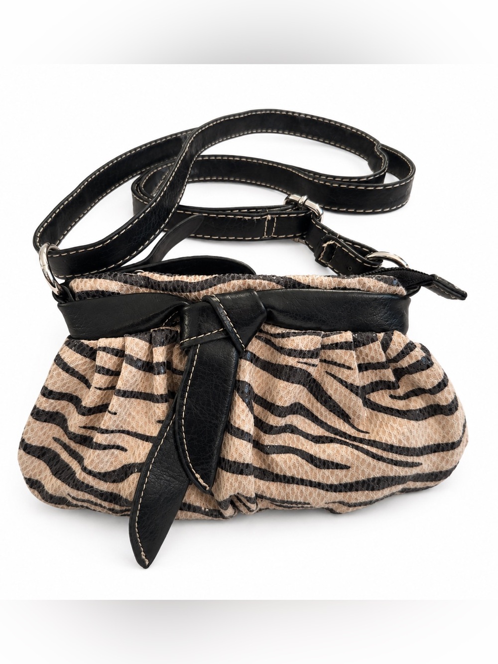 Rosetti Zebra Print Ruched Crossbody Purse Sequined Y2K Animal Print Bow Bag